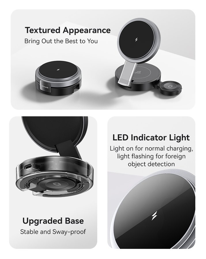 USAMS ασύρματος φορτιστής CD234, 3 σε 1, 15W, μαύρος - Image 7