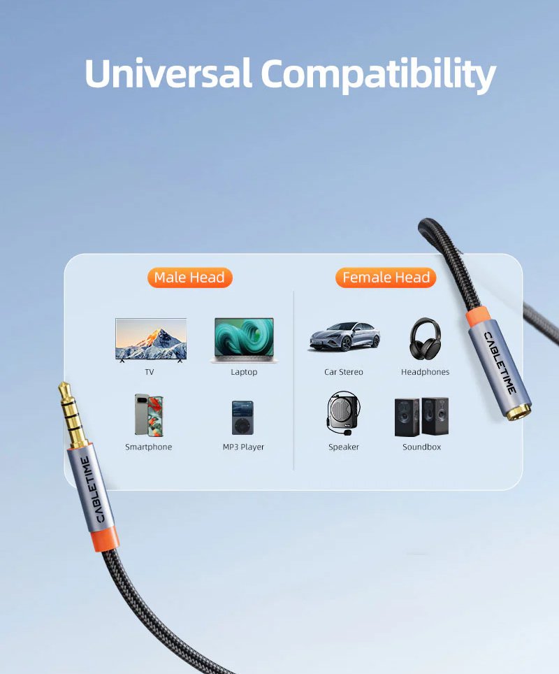 CABLETIME καλώδιο προέκτασης ήχου 3.5mm CT-AE35M, gold plated, 2m, μαύρο - Image 7