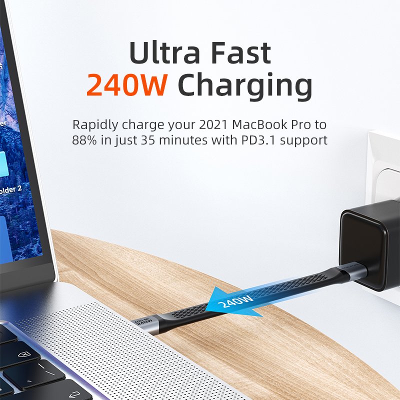 CABLETIME καλώδιο USB-C CT-FU4-AG, flat, 240W, 40Gbps, 8K/60Hz, USB4, 0.15m, μαύρο - Image 3