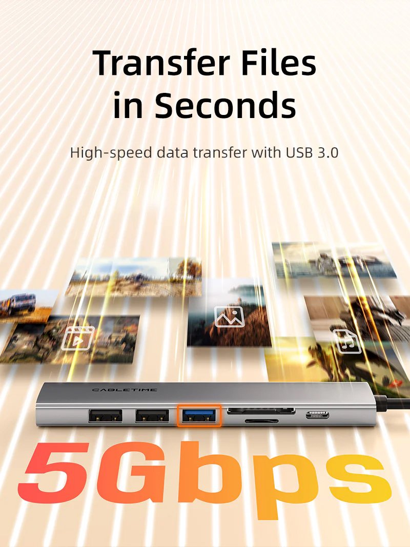 CABLETIME docking station CT-HBP2-AG7, 7 θυρών, USB-C, 4K, 100W, γκρι - Image 4