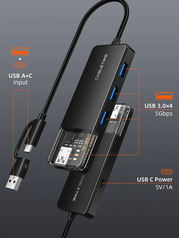 CABLETIME USB hub CT-HUBT3-PB, 4x θυρών, 5Gbps, USB/USB-C σύνδεση, μαύρο - Image 3
