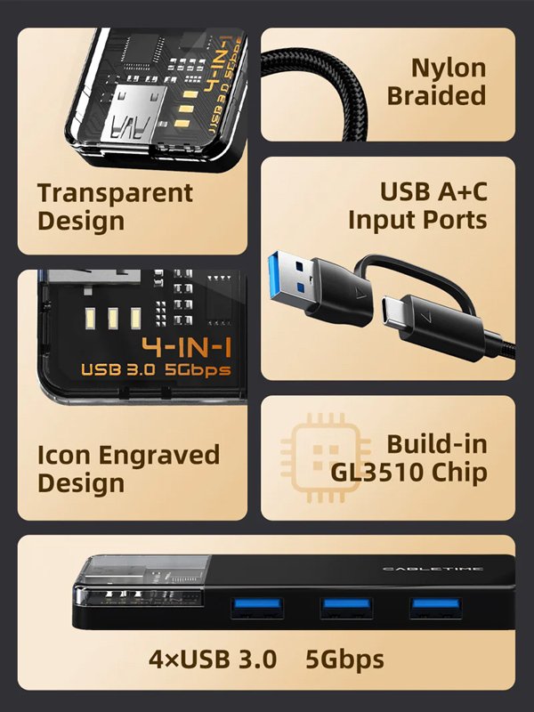CABLETIME USB hub CT-HUBT3-PB, 4x θυρών, 5Gbps, USB/USB-C σύνδεση, μαύρο - Image 4