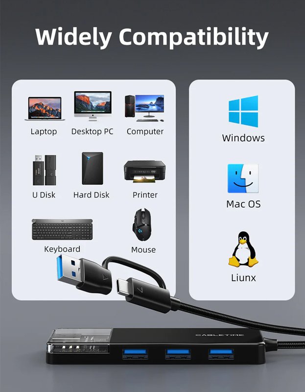 CABLETIME USB hub CT-HUBT3-PB, 4x θυρών, 5Gbps, USB/USB-C σύνδεση, μαύρο - Image 5