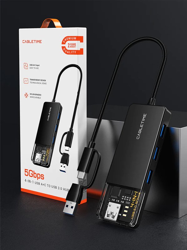 CABLETIME USB hub CT-HUBT3-PB, 4x θυρών, 5Gbps, USB/USB-C σύνδεση, μαύρο - Image 6
