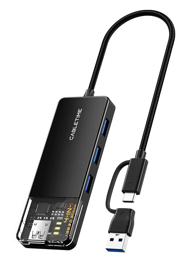 CABLETIME USB hub CT-HUBT3-PB, 4x θυρών, 5Gbps, USB/USB-C σύνδεση, μαύρο