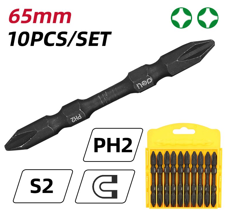 DELI σετ μύτες κατσαβιδιού DL252202 για δραπανοκατσάβιδο, διπλή κεφαλή, σταυρωτές, PH2x65mm, 10τμχ - Image 3