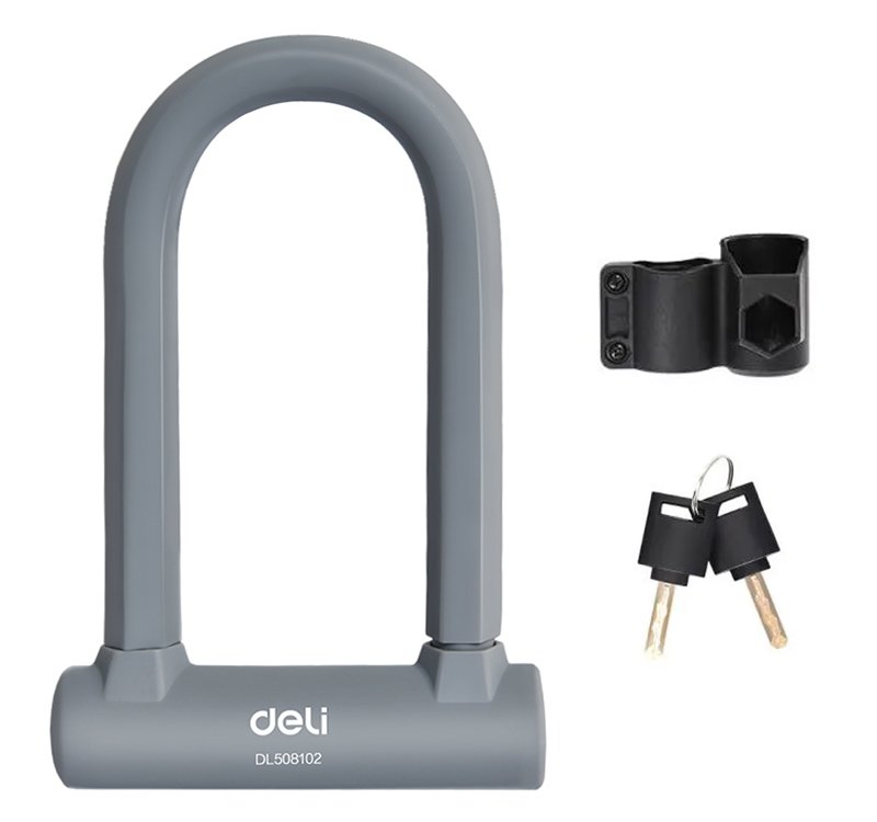 DELI κλειδαριά πέταλο ποδηλάτου με κλειδί DL508102, 126x196mm, γκρι