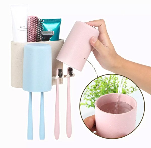 ECOCO βάση οδοντόβουρτσας με 2 ποτήρια E1701, μπεζ - Image 2