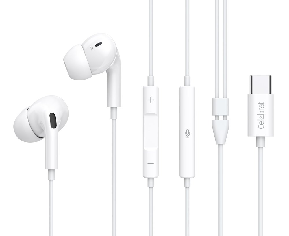 CELEBRAT earphones με μικρόφωνο E300, USB-C σύνδεση, Φ10mm, 1.2m, λευκά