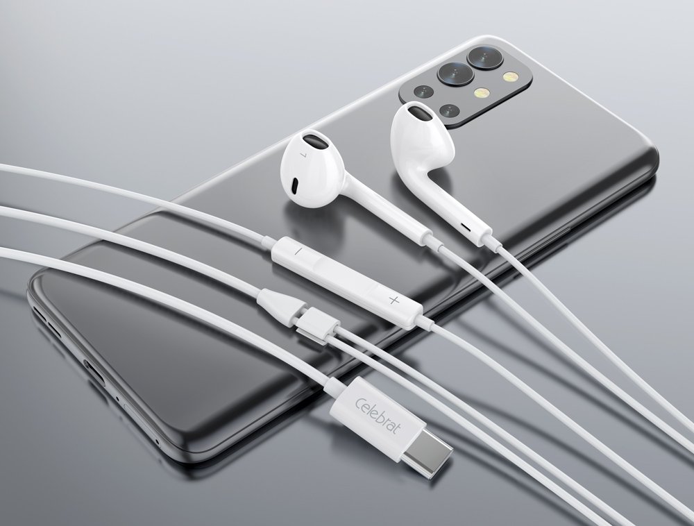 CELEBRAT earphones με μικρόφωνο E500, USB-C σύνδεση, Φ14mm, 1.2m, λευκά - Image 2