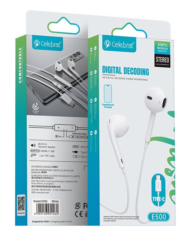 CELEBRAT earphones με μικρόφωνο E500, USB-C σύνδεση, Φ14mm, 1.2m, λευκά - Image 4