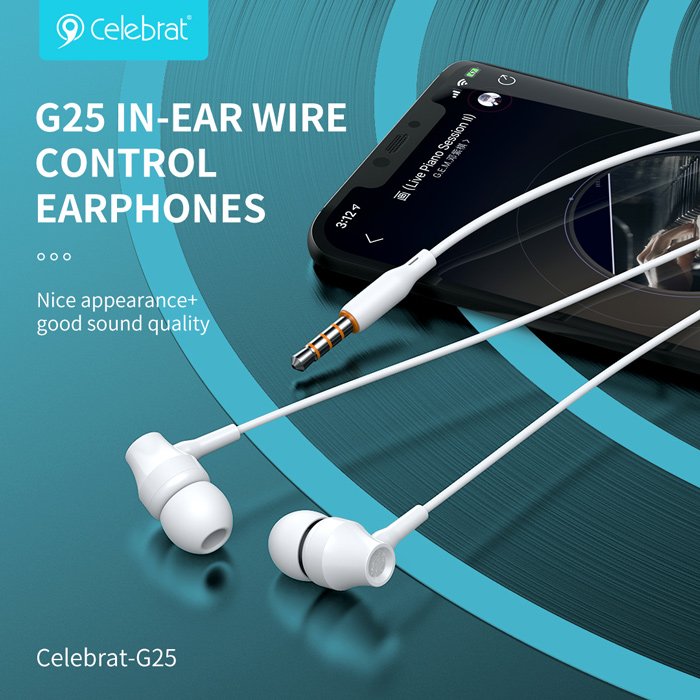 CELEBRAT earphones με μικρόφωνο G25, 3.5mm σύνδεση, Φ10mm, 1.2m, λευκά - Image 3