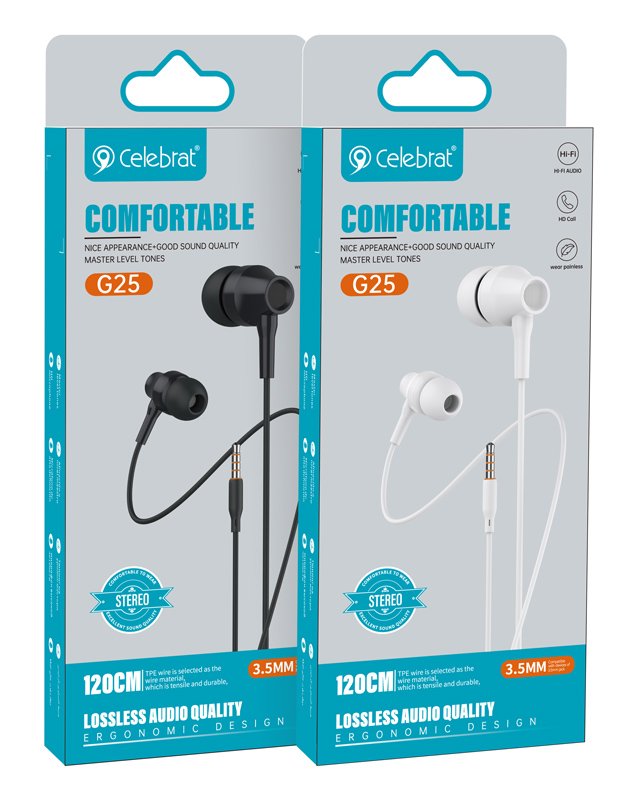 CELEBRAT earphones με μικρόφωνο G25, 3.5mm σύνδεση, Φ10mm, 1.2m, λευκά - Image 4