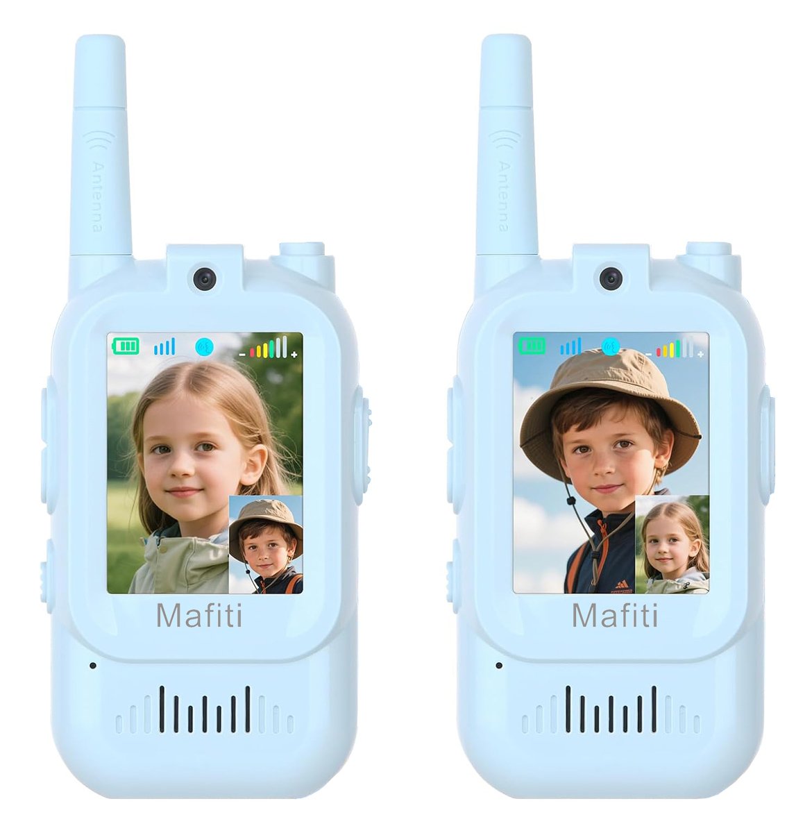 MAFITI παιδικά walkie talkie JK200 με οθόνη & κάμερα, 3+ ετών, επαναφορτιζόμενα, μπλε, 2τμχ