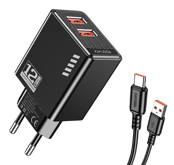 KAKUSIGA φορτιστής τοίχου KSC-1238 με καλώδιο USB-C, 2x USB, 12W, μαύρος