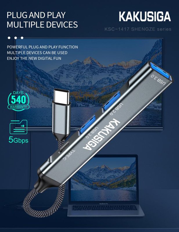 KAKUSIGA USB hub KSC-1417, 4x θυρών, USB 3.0, 5Gbps, USB-C σύνδεση, γκρι - Image 3