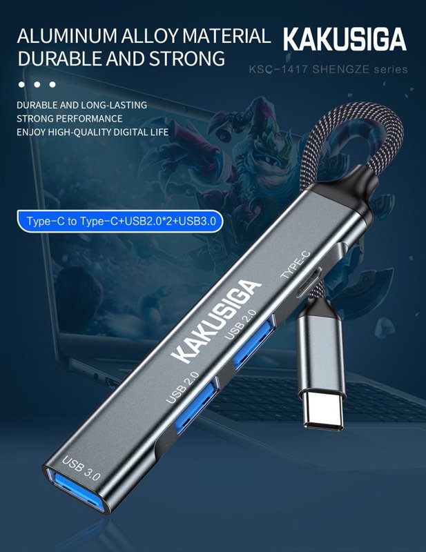 KAKUSIGA USB hub KSC-1417, 4x θυρών, USB 3.0, 5Gbps, USB-C σύνδεση, γκρι - Image 4