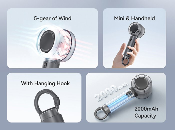 USAMS φορητός ανεμιστήρας LU01 με 5 ταχύτητες, 2000mAh, ροζ - Image 3