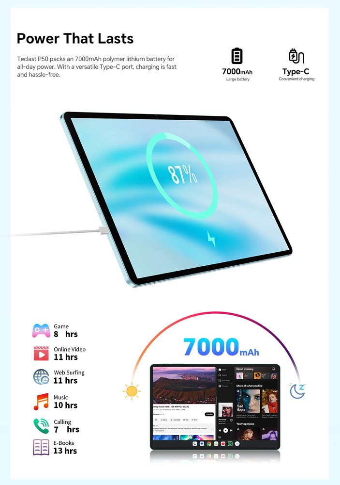 TECLAST tablet P50 2025, 11", 8/128GB, 4G, Android 15, 7000mAh, μπλε - Image 4