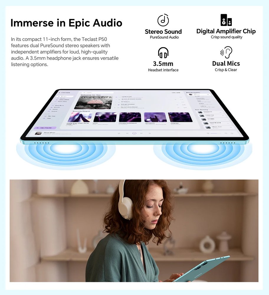 TECLAST tablet P50 2025, 11", 8/128GB, 4G, Android 15, 7000mAh, μπλε - Image 5