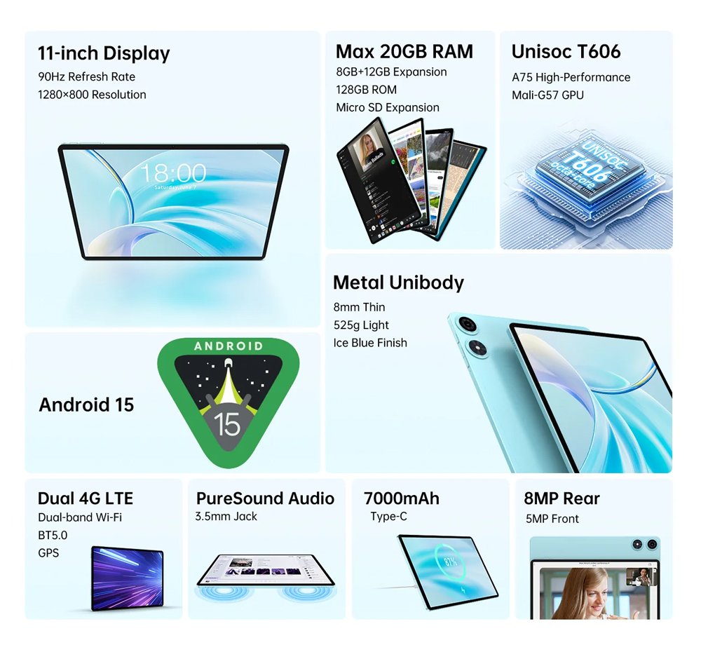 TECLAST tablet P50 2025, 11", 8/128GB, 4G, Android 15, 7000mAh, μπλε - Image 10