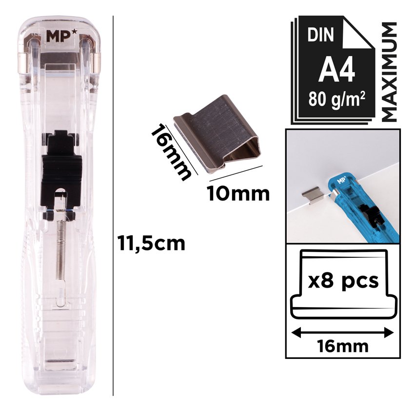 MP συρραπτικό τύπου κλιπ PA109 με 8x επαναχρησιμοποιήσιμα κλιπ, 45 φύλλα, διάφανο - Image 3