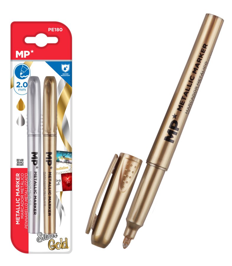 MP σετ μαρκαδόρων με μεταλλικά χρώματα PE180, 2mm, χρυσό & ασημί