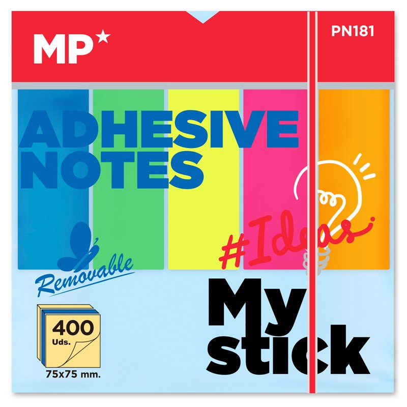 MP αυτοκόλλητα χαρτάκια σημειώσεων PN181 75x75mm, 400+100τμχ, χρωματιστά - Image 2