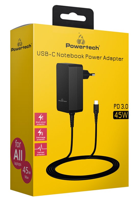 POWERTECH φορτιστής laptop PT-1155, USB-C PD, universal, 45W, μαύρος - Image 2