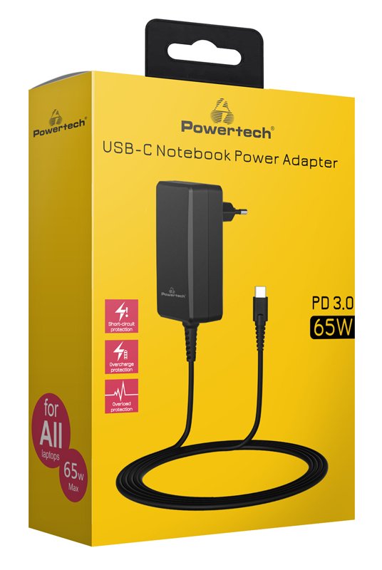 POWERTECH φορτιστής laptop PT-1156, USB-C PD, universal, 65W, μαύρος - Image 2
