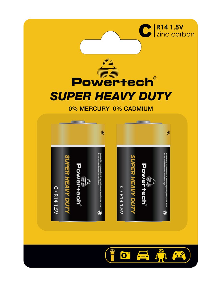 POWERTECH μπαταρίες Zinc Carbon Super Heavy Duty PT-1221, R14 1.5V, 2τμχ