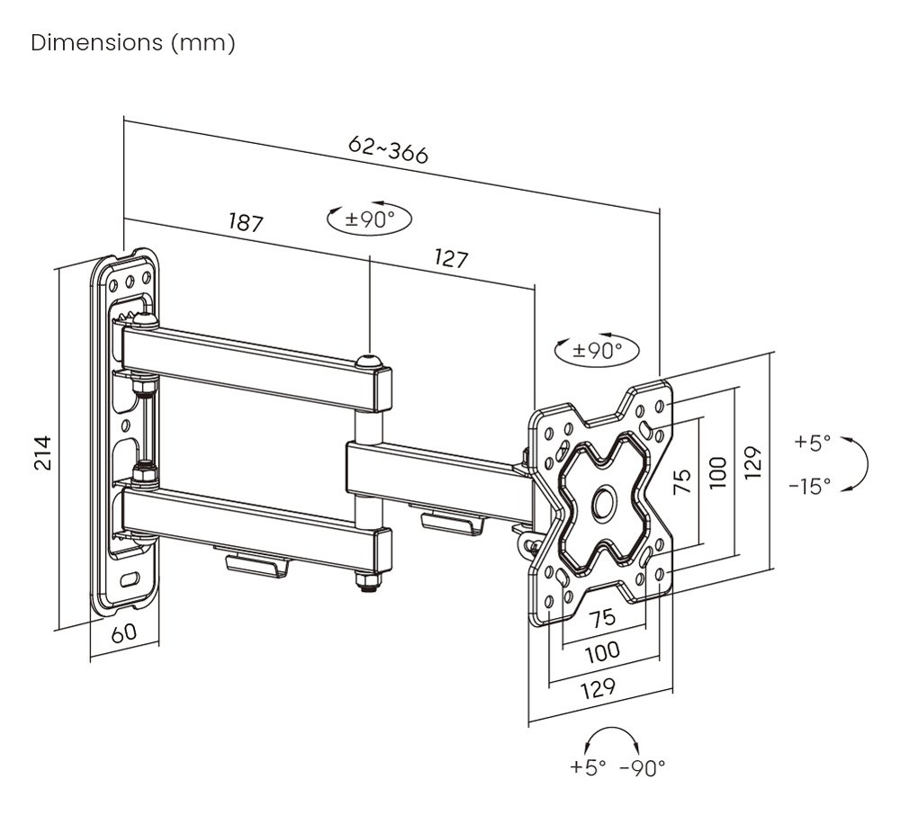 POWERTECH επιτοίχια βάση τηλεόρασης PT-1279, 13-32", έως 20kg, full motion - Image 3