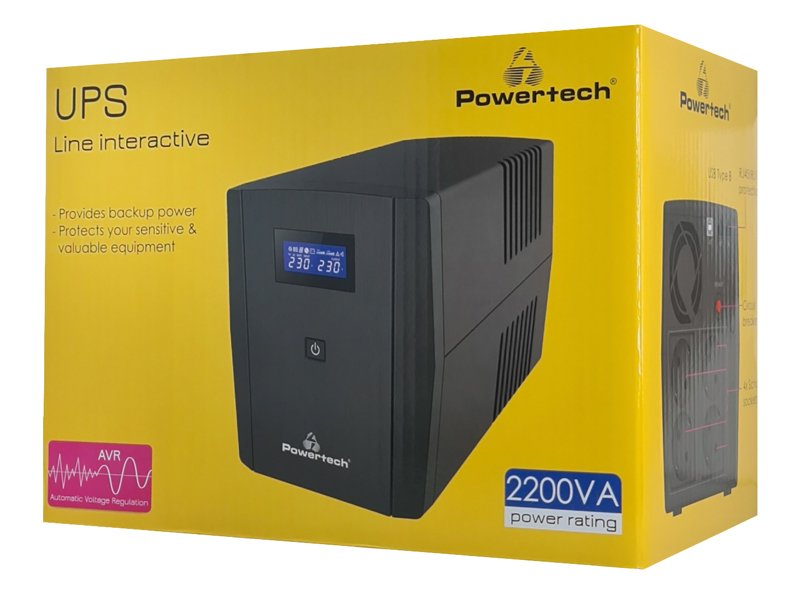 POWERTECH UPS Line Interactive PT-1298 με οθόνη, 2200VA, 1320W, 4x Schuko, 2x RJ45/RJ11, USB Type B - Image 3