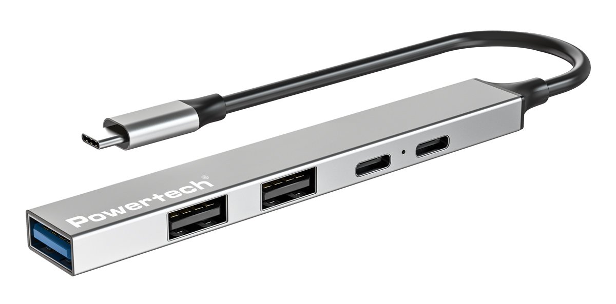 POWERTECH USB hub PT-1414, 5x θυρών, USB 3.2, 5Gbps, 100W, USB-C σύνδεση, γκρι