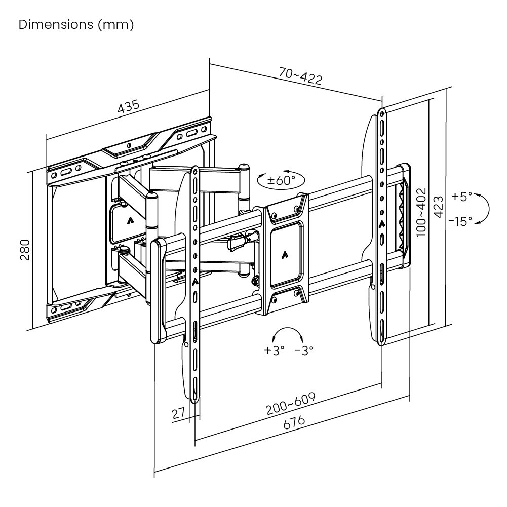 POWERTECH επιτοίχια βάση τηλεόρασης PT-1423, 37-90", 75kg, heavy duty, full motion - Image 8