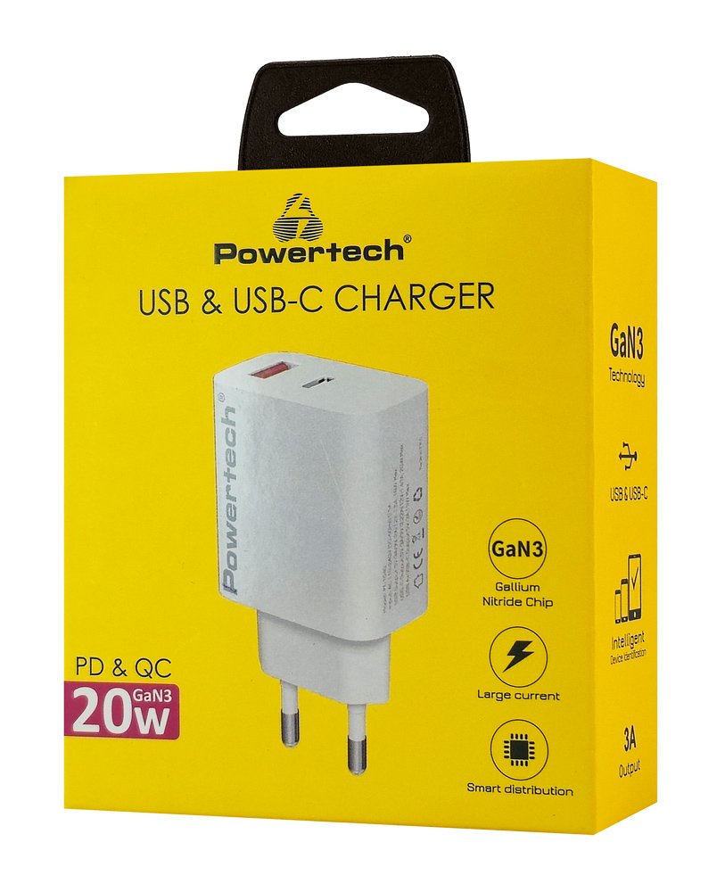 POWERTECH φορτιστής τοίχου PT-1437, USB/USB-C, 20W, GaN, λευκός - Image 2