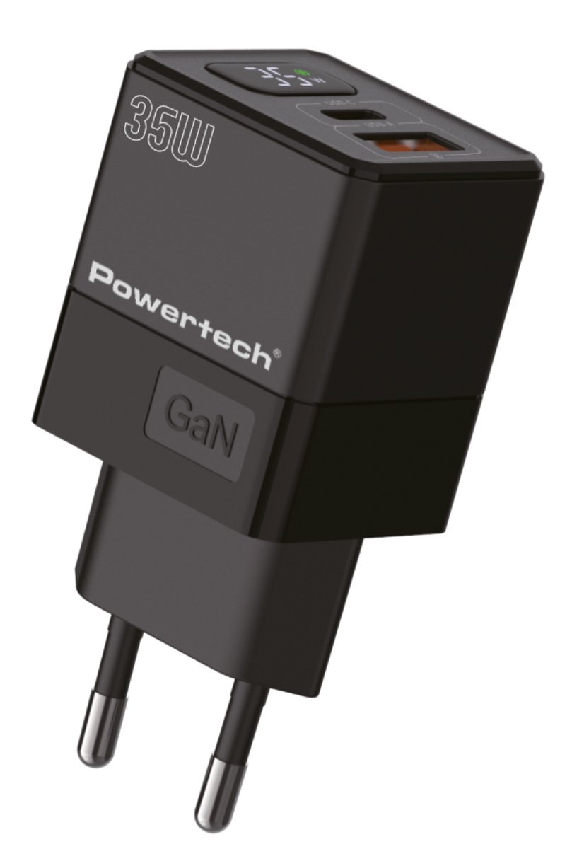 POWERTECH φορτιστής τοίχου PT-1499 με οθόνη, USB/USB-C, 35W, GaN, μαύρος - Image 2