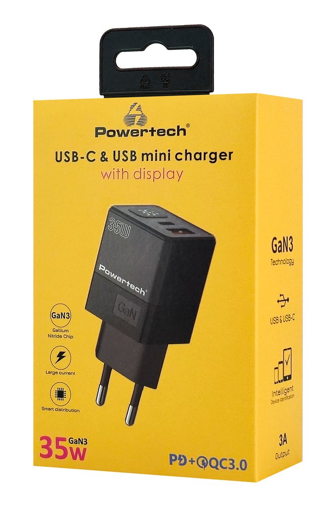 POWERTECH φορτιστής τοίχου PT-1499 με οθόνη, USB/USB-C, 35W, GaN, μαύρος - Image 4