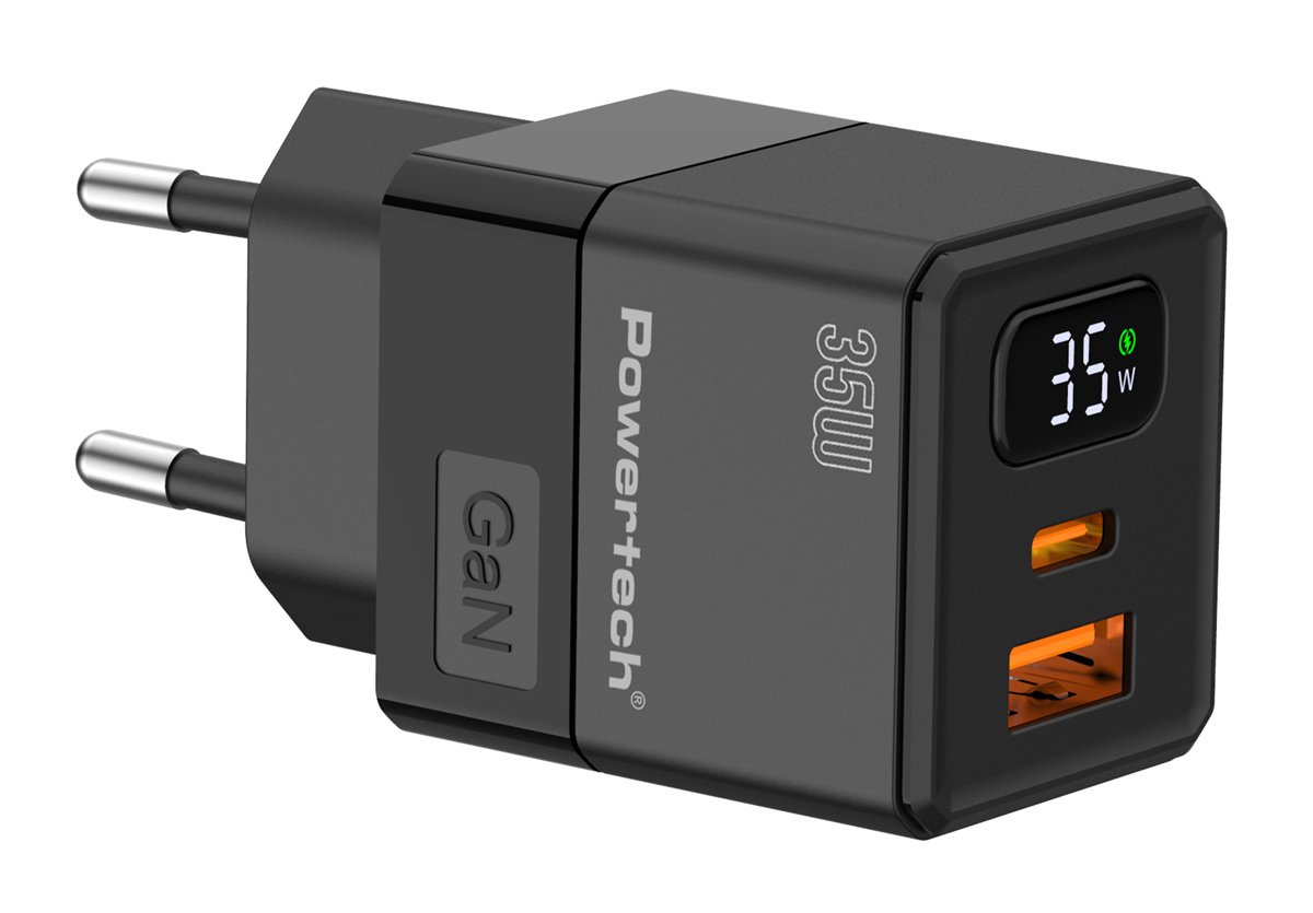 POWERTECH φορτιστής τοίχου PT-1499 με οθόνη, USB/USB-C, 35W, GaN, μαύρος