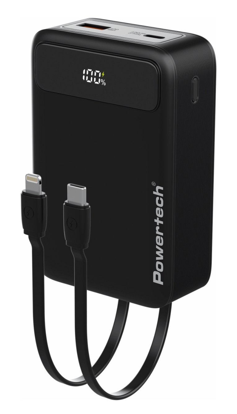 POWERTECH power bank PT-1504 με καλώδια & οθόνη, 20000mah, 22.5W, μαύρο