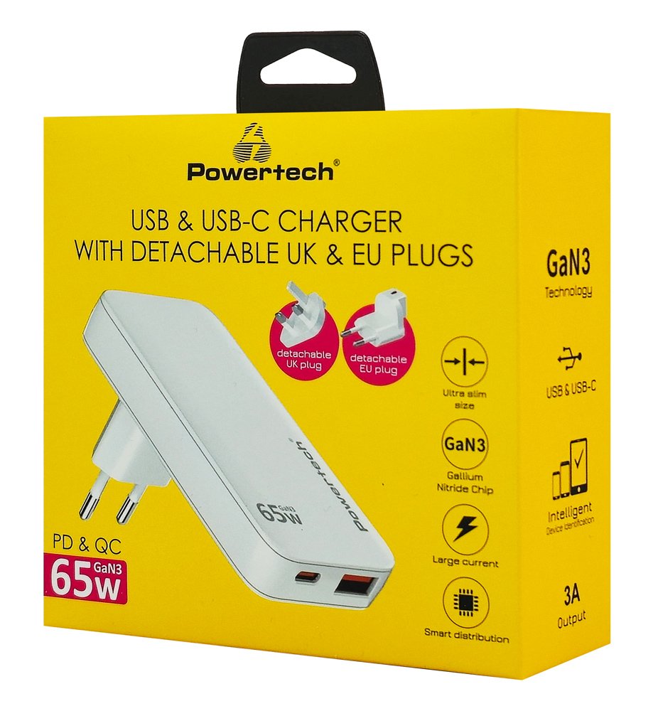 POWERTECH φορτιστής τοίχου PT-1532, EU/UK/CN βύσμα, USB/USB-C, 65W, GaN, λευκός - Image 4