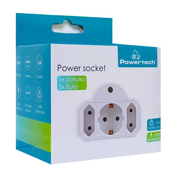 POWERTECH αντάπτορας ρεύματος PT-816 με προστασία υπέρτασης, 1x schuko, 2x euro, 16A, λευκός - Image 2