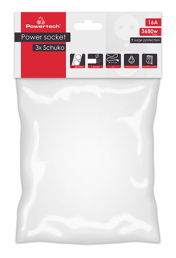 POWERTECH πολύπριζο ασφαλείας PT-879, 3x schuko, 16A, 1.5m, λευκό - Image 2