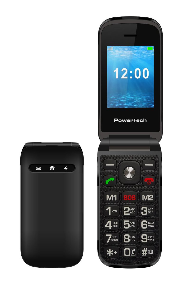 POWERTECH κινητό τηλέφωνο Milly Flip V2, 2.4", dual SIM, πλήκτρο SOS, μαύρο