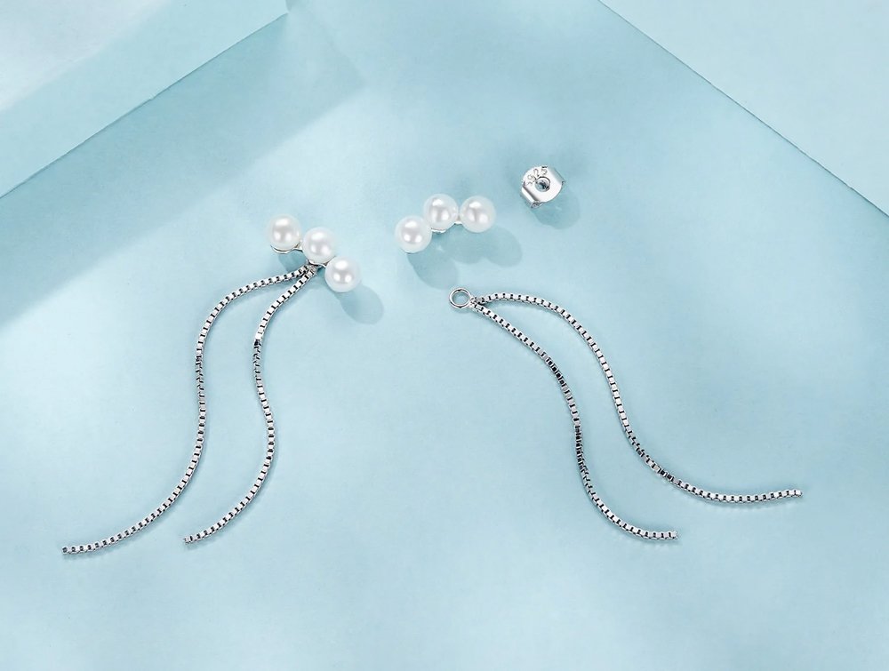 BAMOER σκουλαρίκια καρφωτά SCE1777 με πέρλες & αλυσίδα, ασήμι 925, ασημί - Image 3