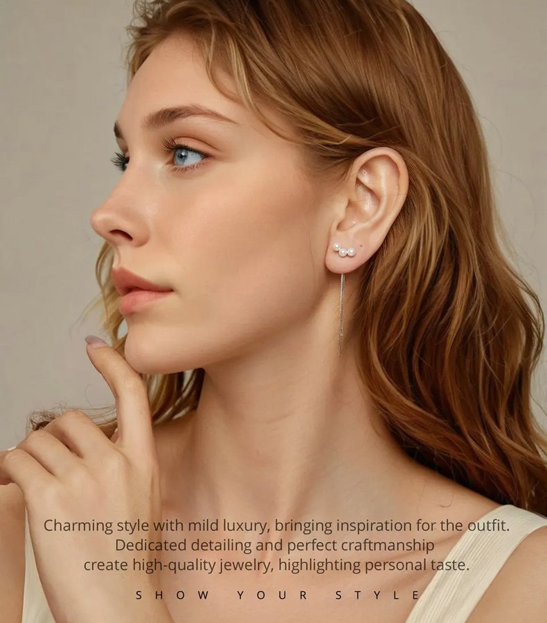 BAMOER σκουλαρίκια καρφωτά SCE1777 με πέρλες & αλυσίδα, ασήμι 925, ασημί - Image 5