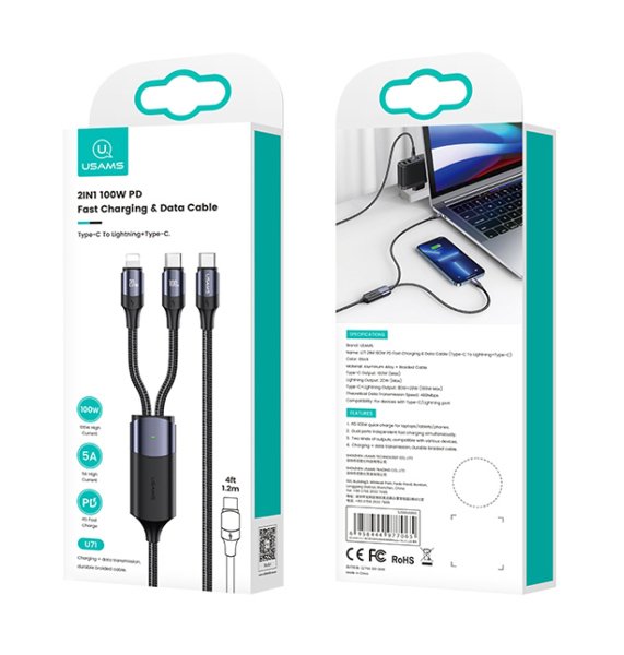 USAMS καλώδιο USB-C σε USB-C & Lightning US-SJ550, PD 100W, 1.2m, μαύρο - Image 3