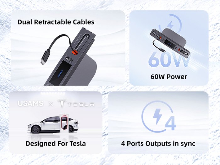 USAMS φορτιστής αυτοκινήτου US-SJ649 για Tesla(3/Y), με 2x καλώδια, USB/USB-C θύρες, 60W, γκρι - Image 2