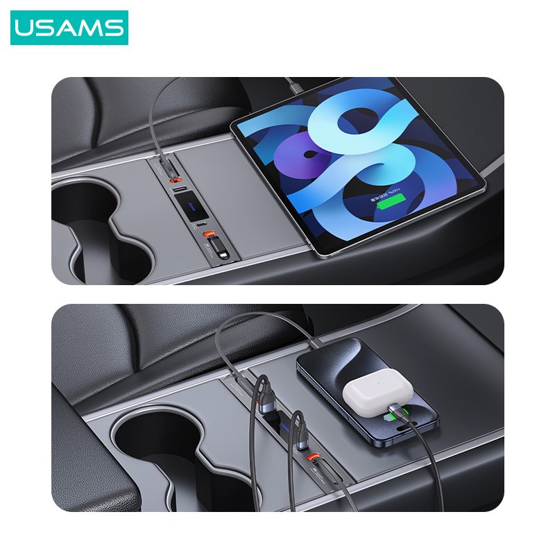 USAMS φορτιστής αυτοκινήτου US-SJ649 για Tesla(3/Y), με 2x καλώδια, USB/USB-C θύρες, 60W, γκρι - Image 3