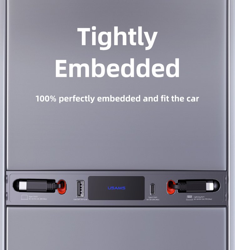 USAMS φορτιστής αυτοκινήτου US-SJ649 για Tesla(3/Y), με 2x καλώδια, USB/USB-C θύρες, 60W, γκρι - Image 5